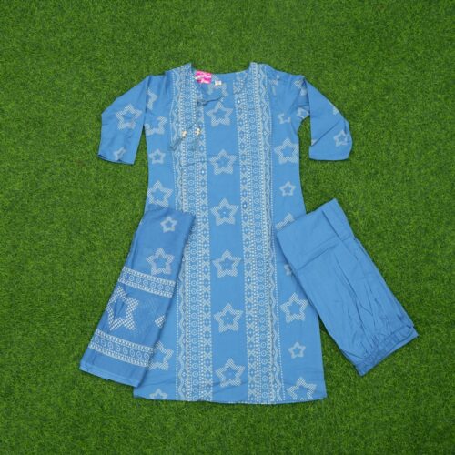 Sky Blue Color Geometric Star Printed 3-Piece Designer Dress
