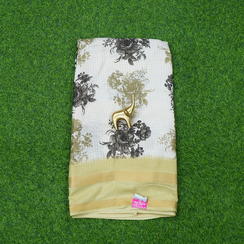 Cream and Olive Gold Color Floral Printed Silk Saree