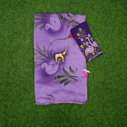 Purple Color Embroidered Blouse and Georgette Swan Motif Fancy Saree