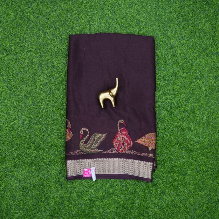 Dark Maroon Color Swan Printed Border Georgette Saree