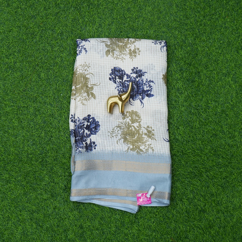 Cream and Blue Color Floral Printed Silk Saree