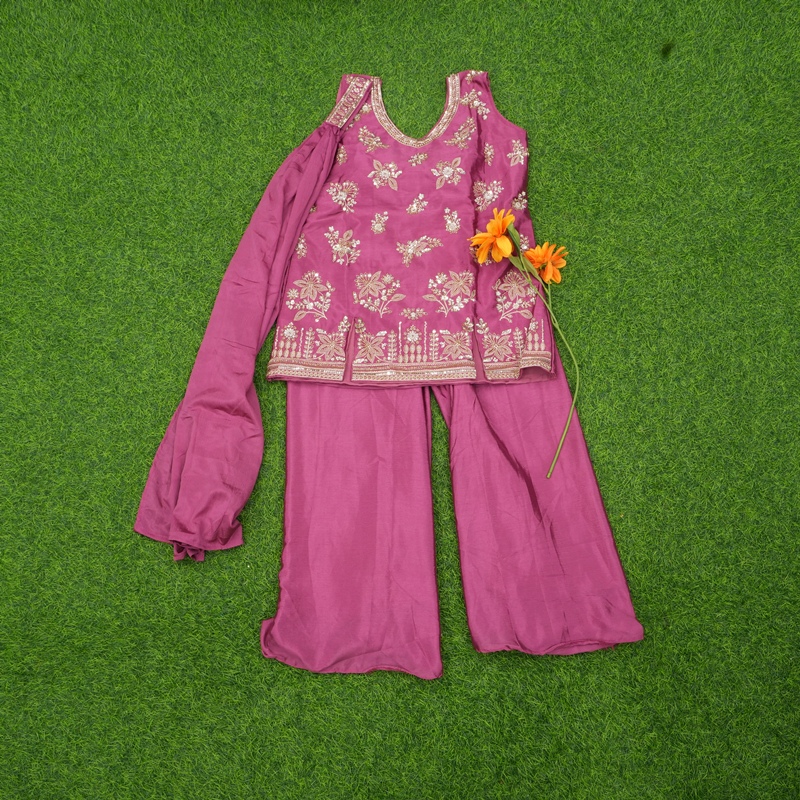 Pink Color Chinon Silk Thread Embroidered Designer Sharara Set