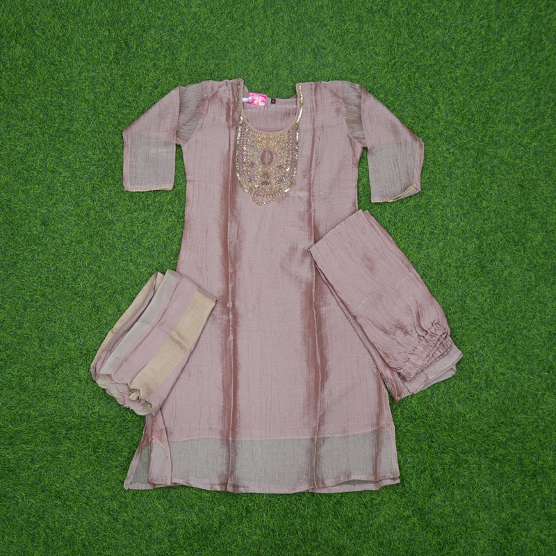 Rose Gold Color Tissue Silk Embroidered 3-Piece Designer Dress