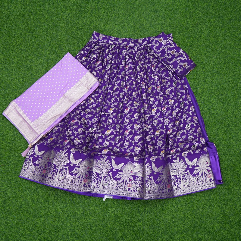 Purple and Lavender Color Banarasi Silver Zari Border Traditional Half Saree