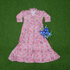 Pink Color Floral and Foliage Print Embroidered Long Frock