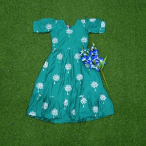 Teal Green Color Floral Block Print Designer Long Frock