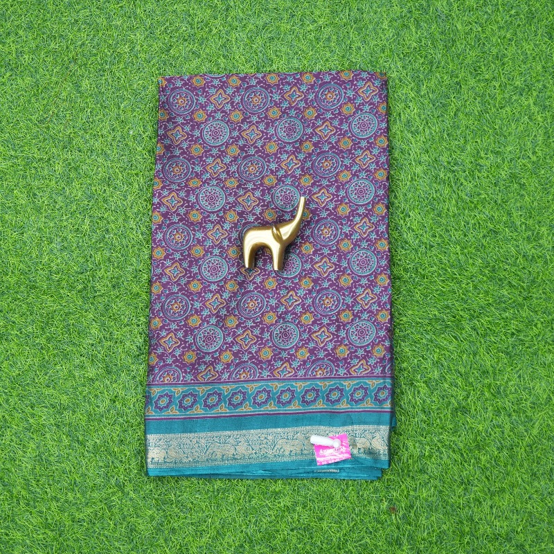 Purple and Turquoise Color Ajrakh Printed Geometric Saree