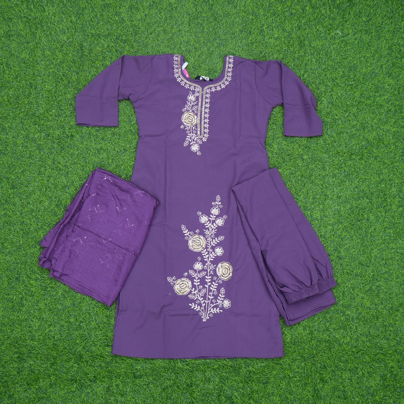 Purple Color Floral Embroidered 3-Piece Designer Dress