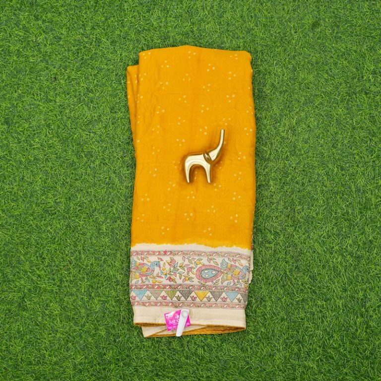 Yellow Color Bandhani Print with Kalamkari Border Saree