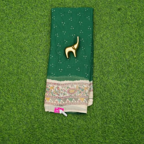 Bottle Green Color Bandhani Print with Kalamkari Border Saree