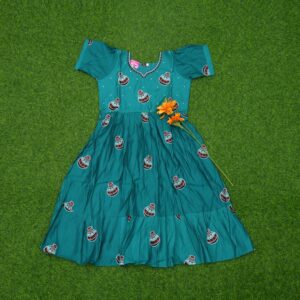 Teal Blue Color Matka Printed Anarkali Designer Long Frock