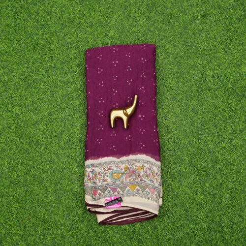Wine Color Bandhani Print with Kalamkari Border Saree