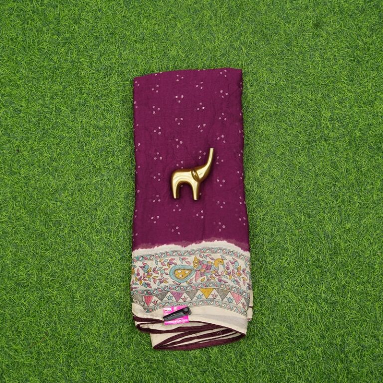 Wine Color Bandhani Print with Kalamkari Border Saree