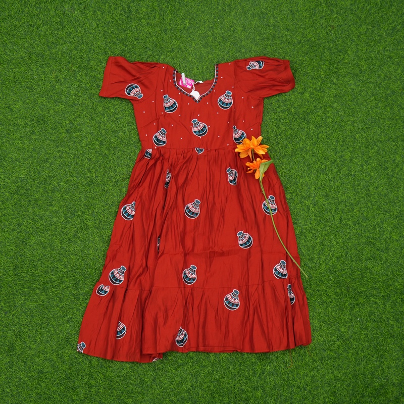 Rust Red Color Matka Printed Anarkali Designer Long Frock