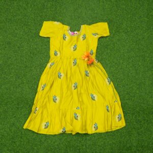 Yellow  Color Peacock Motif Printed Anarkali Designer Long Frock