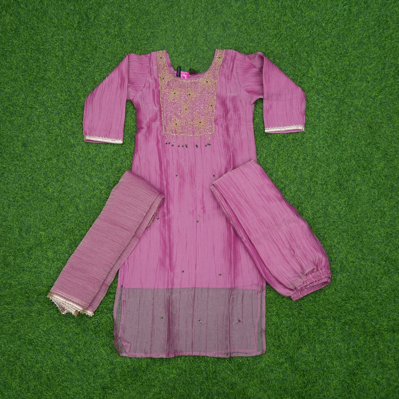 Pink Color Tissue Silk Embroidered 3-Piece Designer Dress