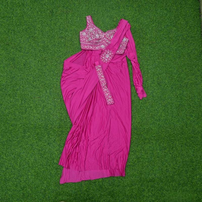Rani Pink Color Ready-to-Wear Saree with Embroidered Blouse