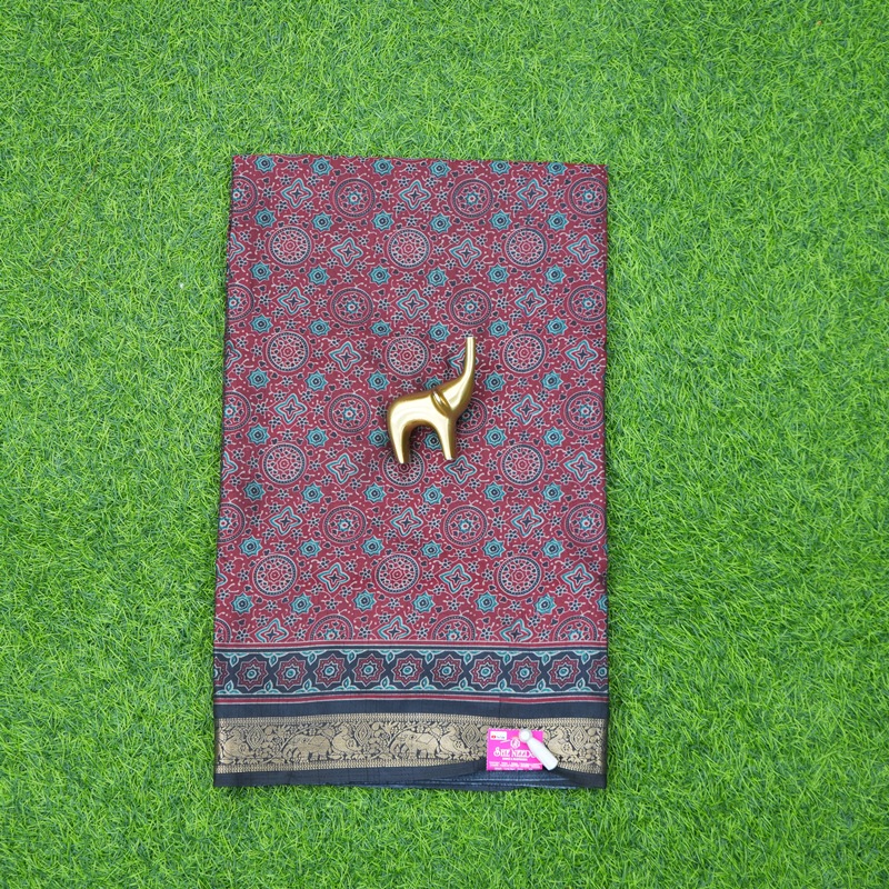 Maroon and Black Color Ajrakh Printed Geometric Saree