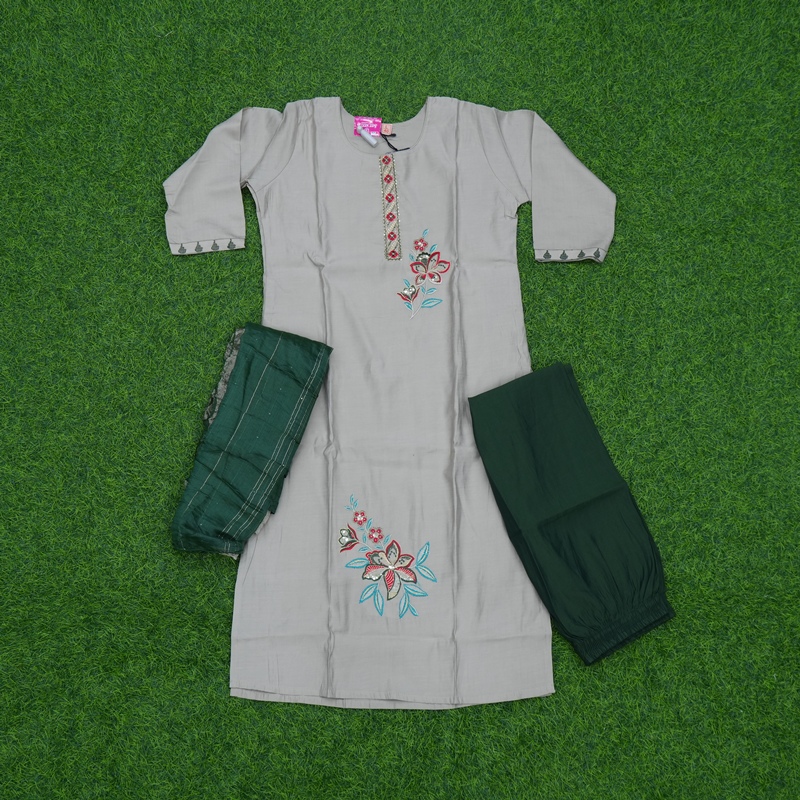 Grey and Bottle Green Color Floral Embroidered 3-Piece Designer Dress