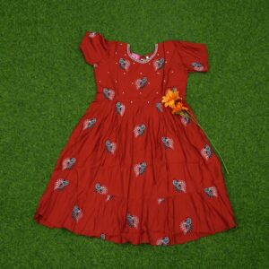 Rust Red Color Peacock Motif Printed Anarkali Designer Long Frock