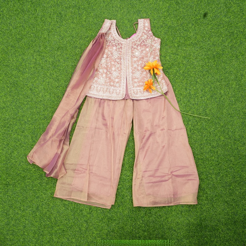 Rose Gold Color Georgette Floral Embroidered Designer Sharara Set