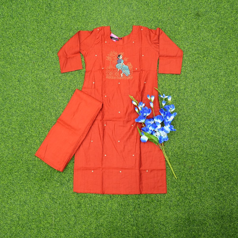 Orange Color Embroidered Motif 2-Piece Designer Dress