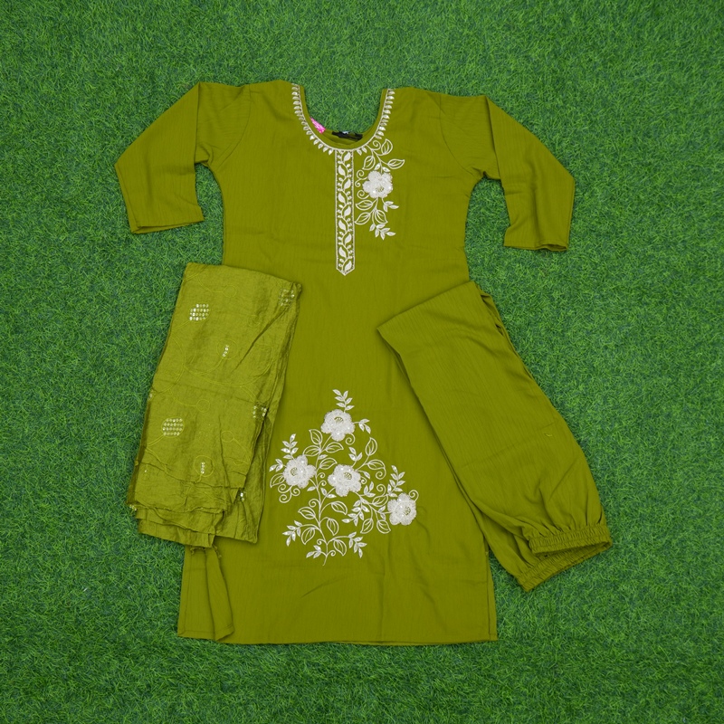 Green Color Floral Embroidered 3-Piece Designer Dress