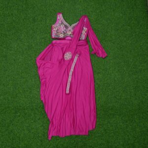 6 1760 Rani Pink Color Ready-to-Wear Saree with Embroidered Blouse and Belt