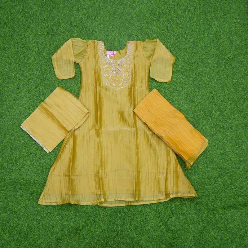 Yellow Color Tissue Silk Embroidered 3-Piece Designer Dress