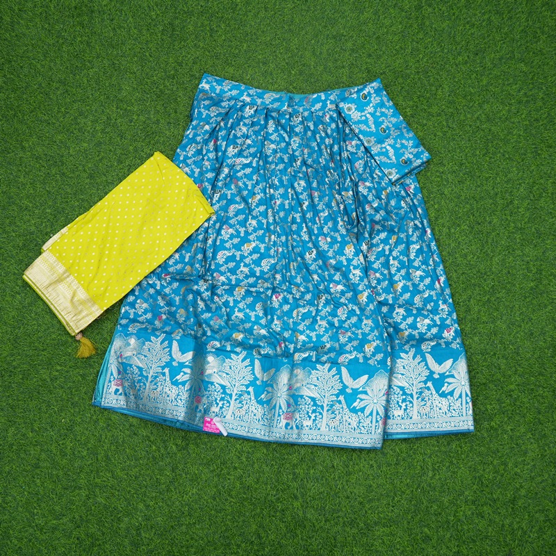 Peacock Blue and Yellow Color Banarasi Silver Zari Border Traditional Half Saree