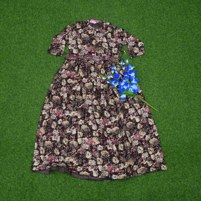 Dark Brown and Black Color Dark Floral Print Embroidered Anarkali Long Frock