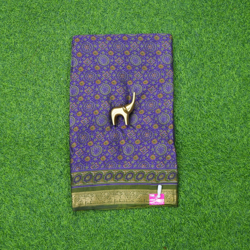 Purple and Green Color Ajrakh Printed Geometric Saree