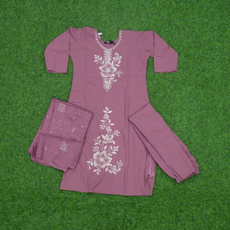 Dusty Rose Color Floral Embroidered 3-Piece Designer Dress