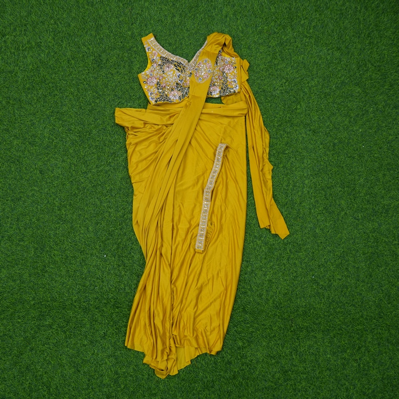Yellow Color Ready-to-Wear Saree with Embroidered Blouse and Belt