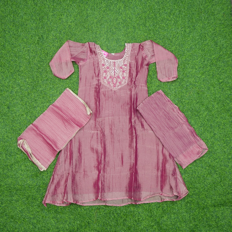 Onion Pink Color Tissue Silk Embroidered 3-Piece Designer Dress