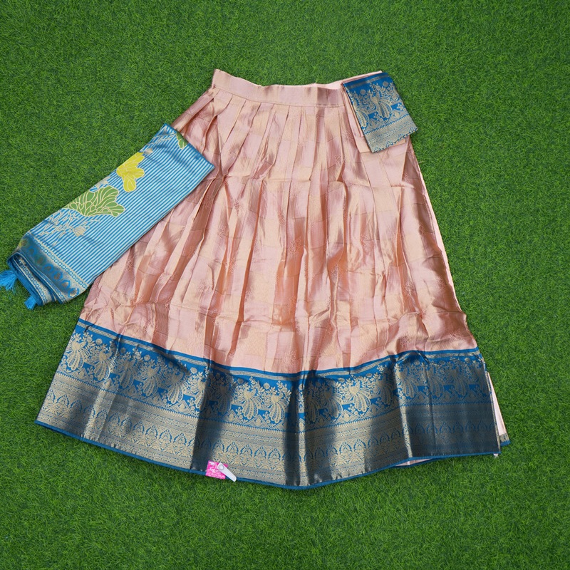 Peach and Blue Color Banarasi Floral Motifs Traditional Half Saree