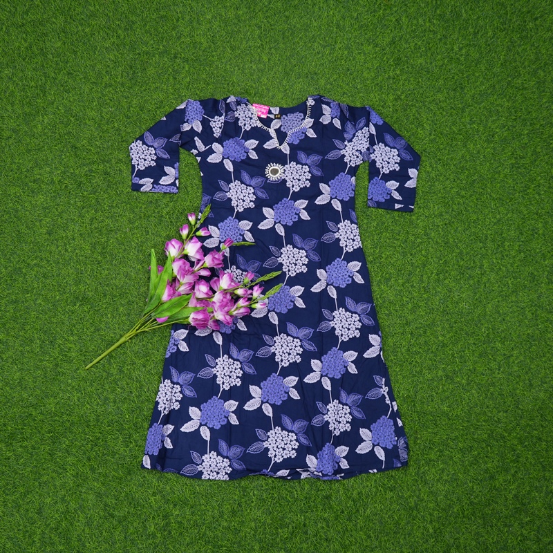 Navy Blue Color Hydrangea-Style Floral Bunch Print Designer Top