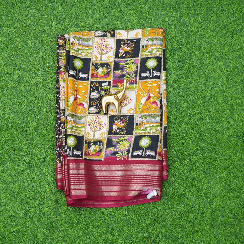 Yellow and Maroon Color Traditional Pichwai Printed Saree