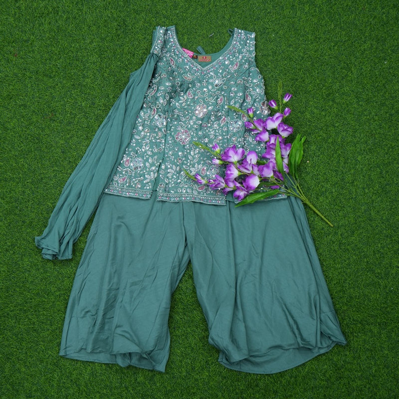 Sea Green Color Georgette Floral Heavily Embroidered Designer Sharara Set