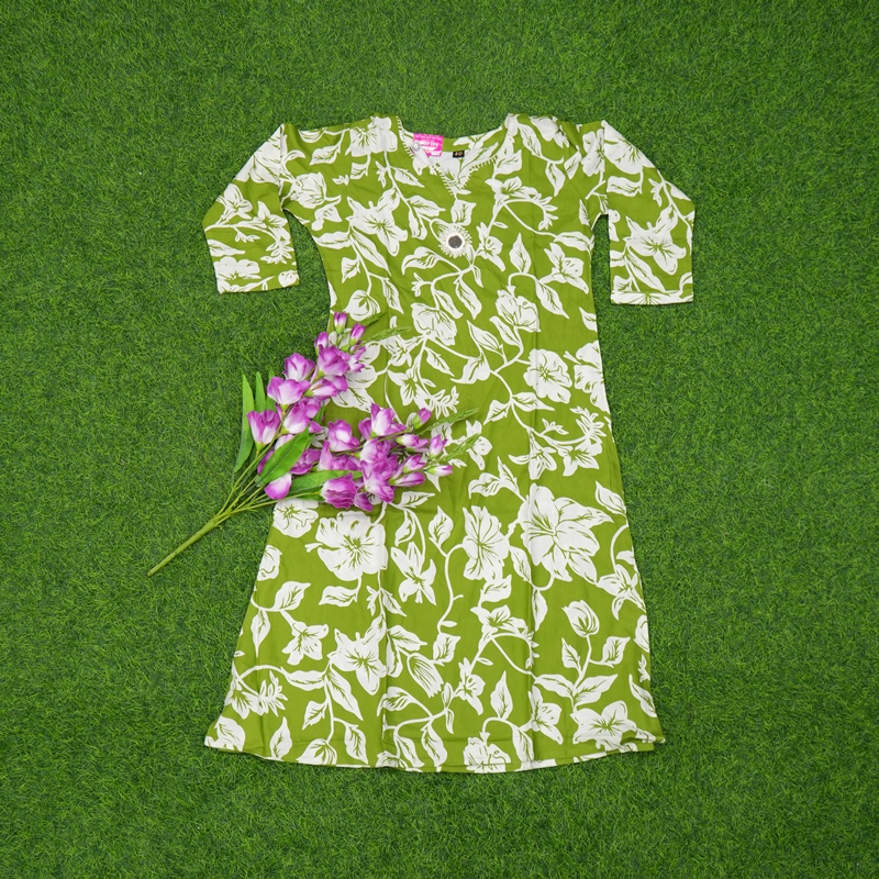 Green Color Bold Floral Vine and Leaf Print Designer Top