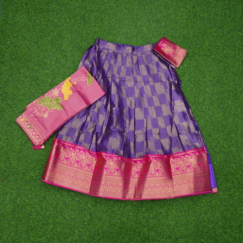 Purple and Rani Pink Color Banarasi Floral Motifs Traditional Half Saree
