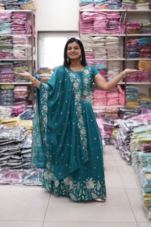 Teal Green Color Traditional Embroidered Anarkali 3-Piece Designer Dress