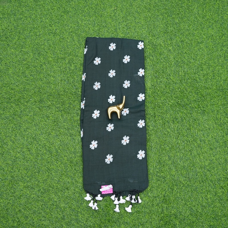 Black Color Floral Thread Embroidered Cotton Saree