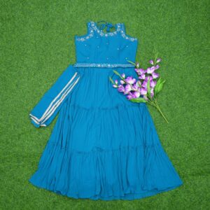Peacock Blue Color Embroidered Georgette Designer Long Frock