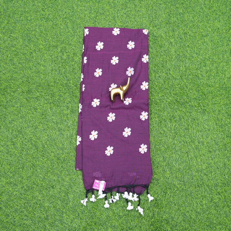Dark Wine Color Floral Thread Embroidered Cotton Saree