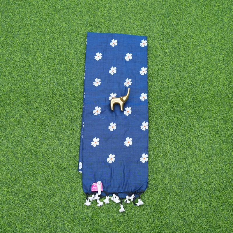 Blue Color Floral Thread Embroidered Cotton Saree