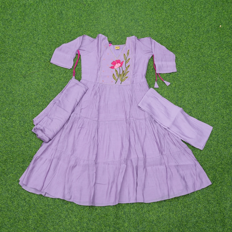 Lavender Color Thread Embroidered Party Wear Designer Dress