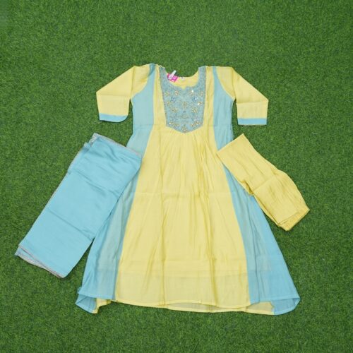 Yellow and Sky Blue Color Mul Chanderi Embroidered 3-Piece Designer Dress