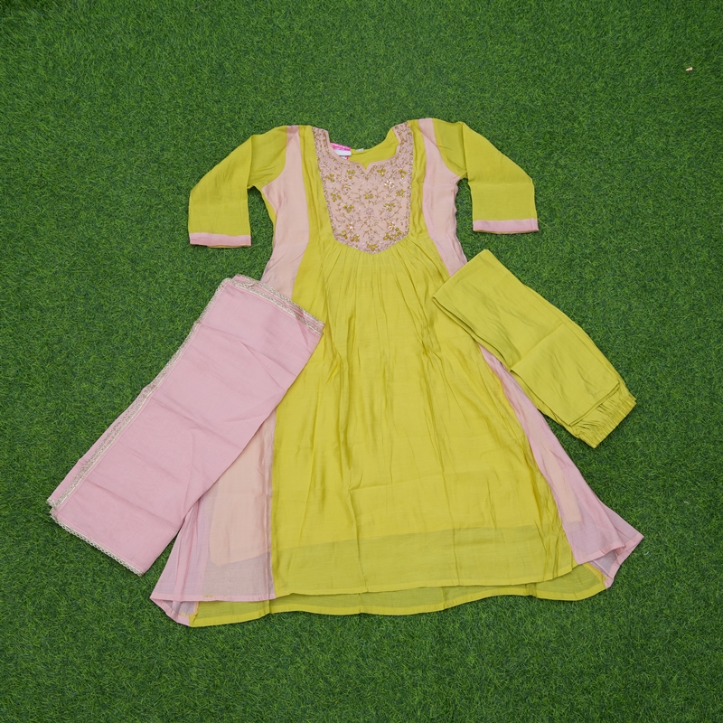Mehendi Green and Pink Color Mul Chanderi Embroidered 3-Piece Designer Dress