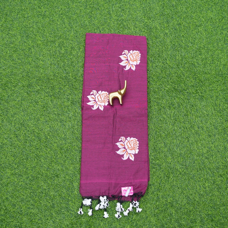 Wine Color Floral Thread Embroidered Cotton Saree